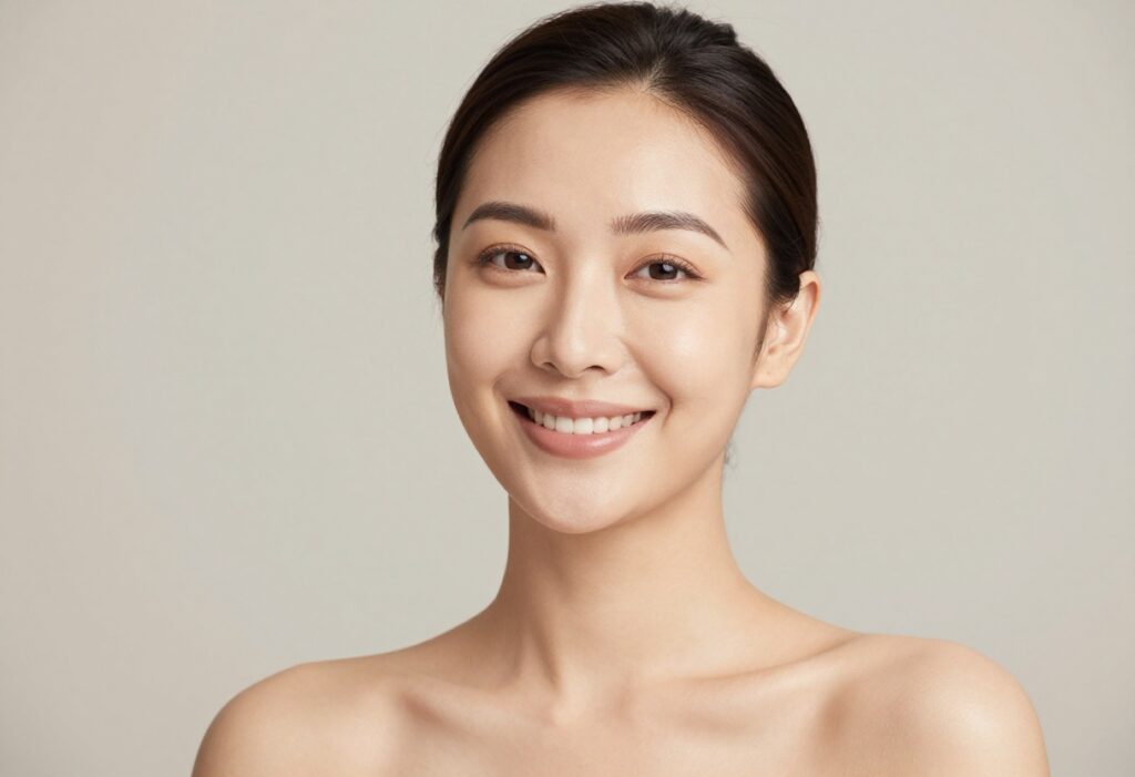 Woman with glowing, smooth skin smiling in natural light