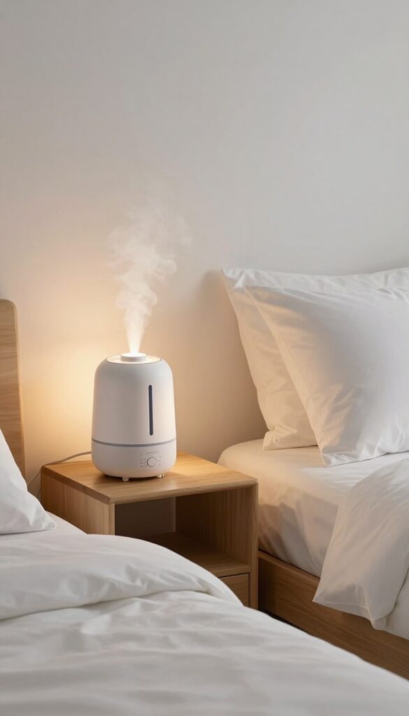A bedroom with a humidifier on the nightstand, creating a moist and comfortable environment for skin hydration while sleeping.