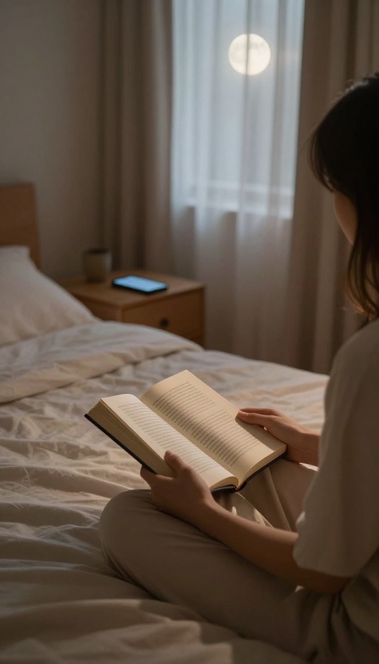 A person reading a book in bed at night with a smartphone on the nightstand, symbolizing a digital detox before sleep.