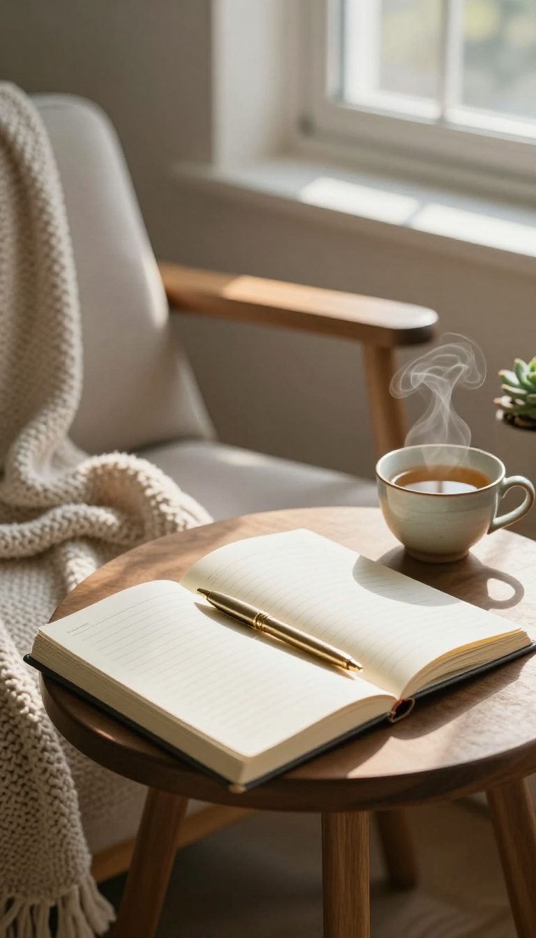 A cozy, sunlit corner with an open journal, a pen, a cup of tea, and a plant, symbolizing quiet progress and self-celebration.