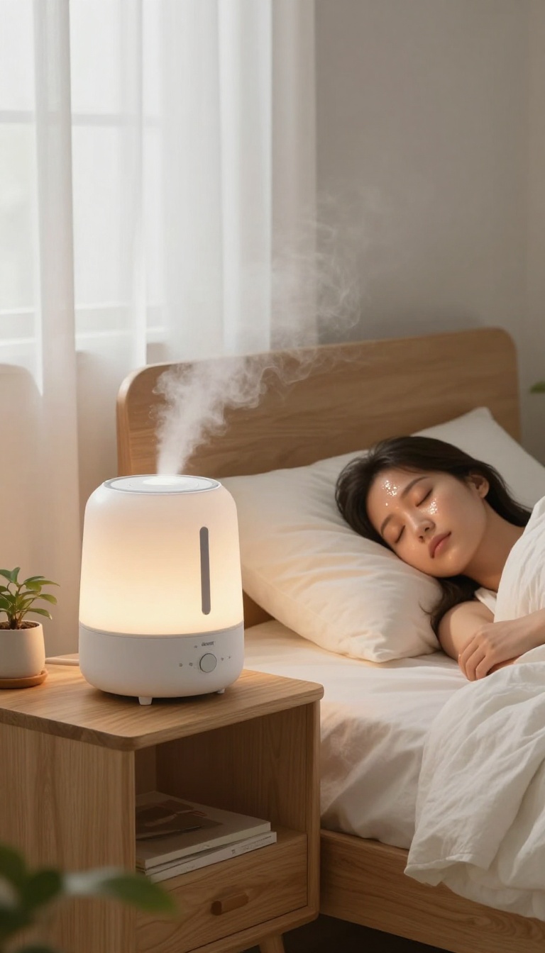 Woman sleeping peacefully in a cozy bedroom with a humidifier adding moisture to the air for healthy, glowing skin.