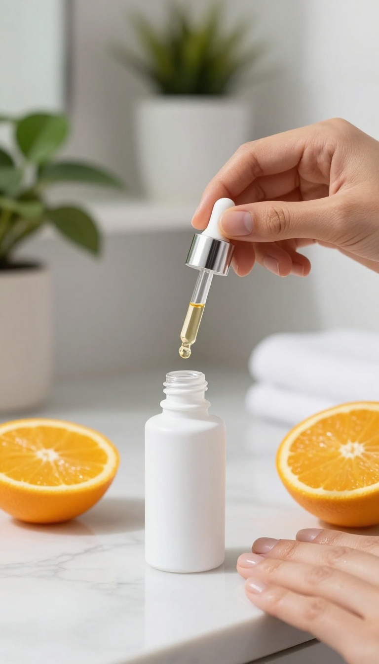 Woman applying vitamin C serum with orange slices and skincare bottle on marble countertop in bright bathroom.