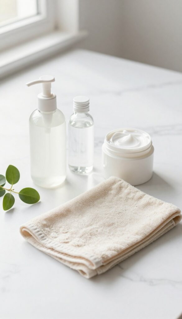 A flat lay of a simple skincare routine with cleanser, toner, and moisturizer on a white marble surface, bathed in natural light.