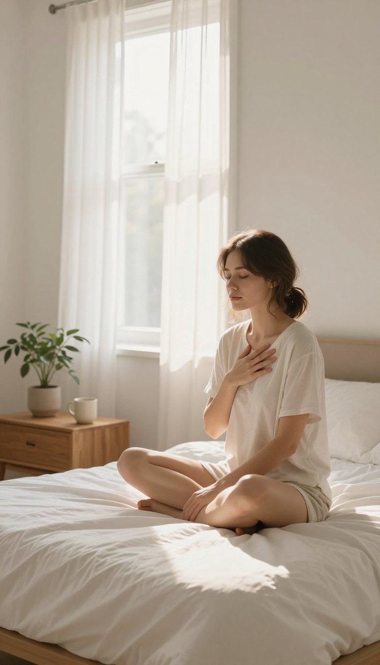 Woman meditating in bed in soft morning light, peaceful and mindful start to the day