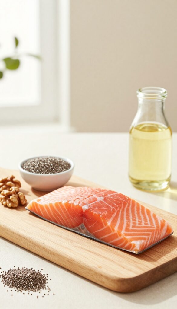 Omega-3 rich foods for skin health: salmon, walnuts, chia seeds, and flaxseed oil on a wooden board