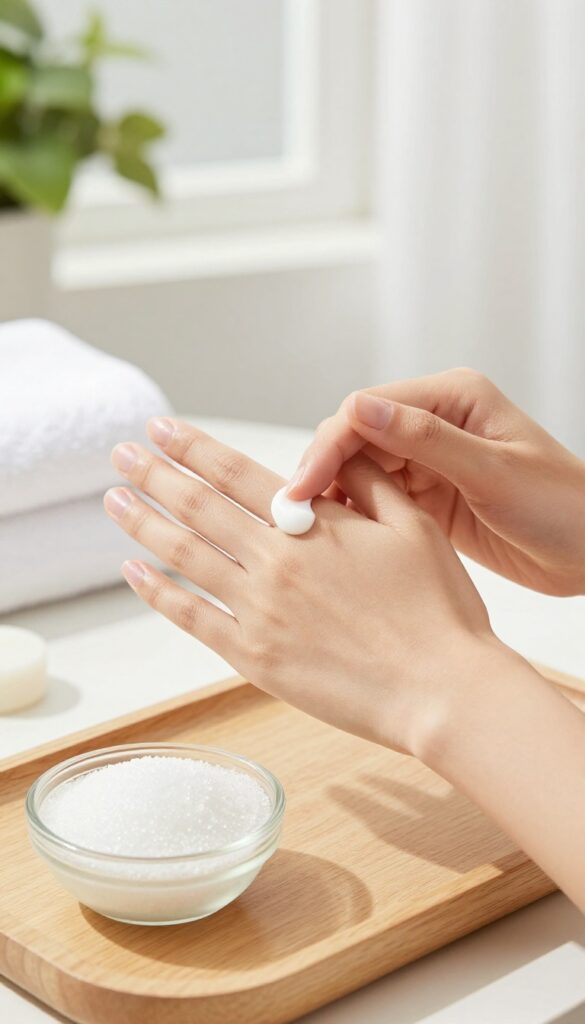 Person applying hand cream with sugar scrub and pumice stone nearby in a bright bathroom