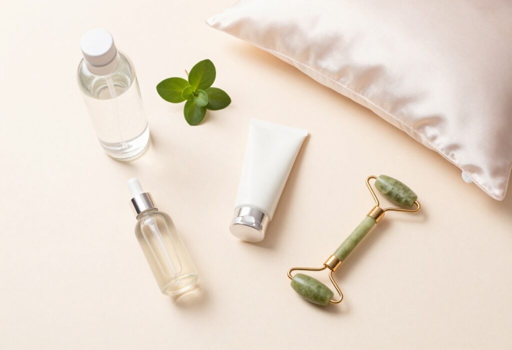 Skincare essentials arranged on a pastel background, including water, sunscreen, serum, jade roller, and silk pillowcase.