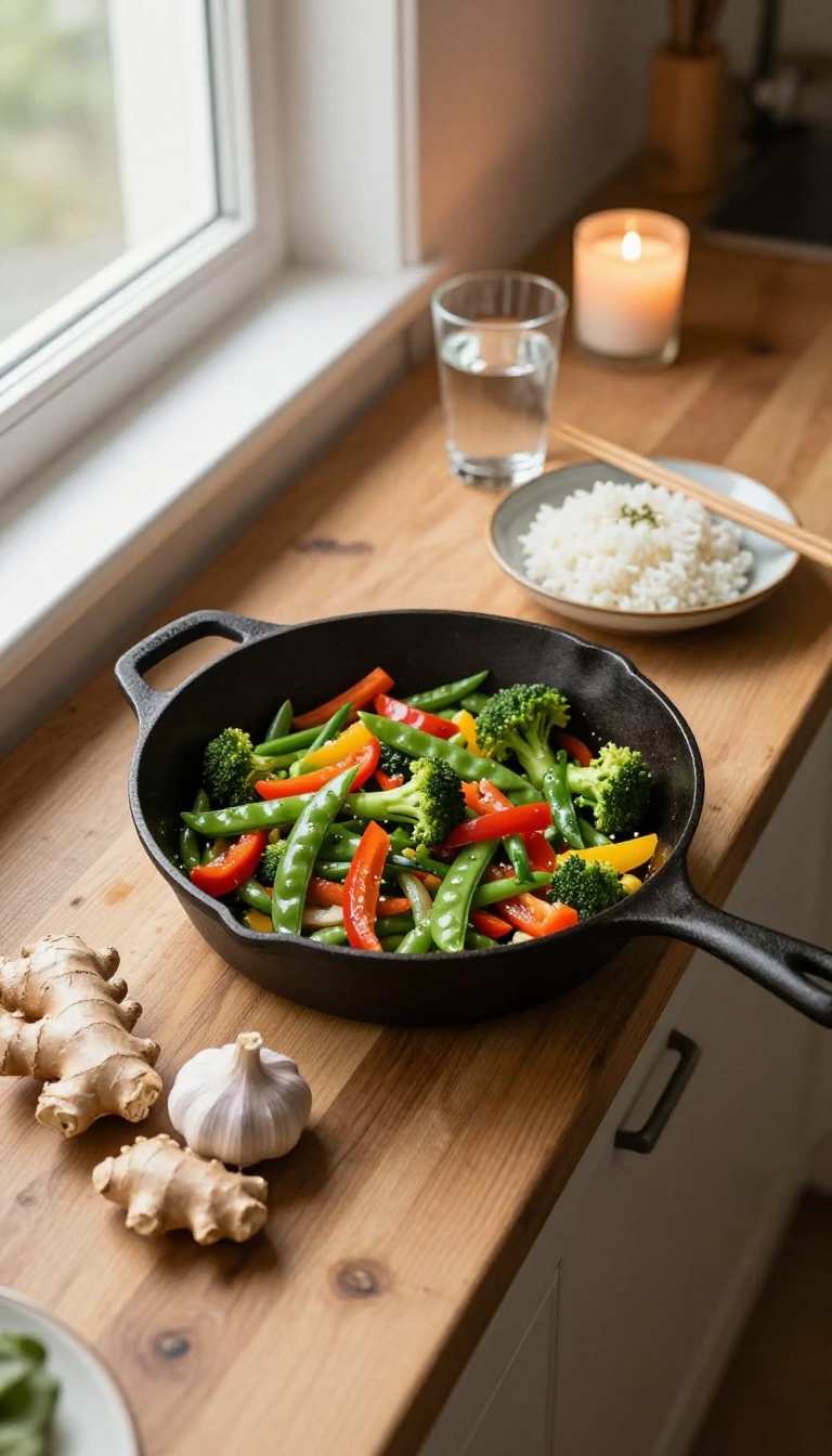 Overhead view of a simple vegetable stir-fry with fresh ingredients on a wooden counter, warm natural light, calm self-care cooking scene.