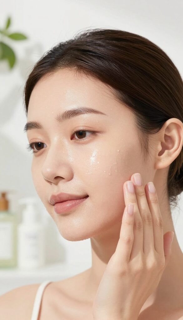 Woman applying hydrating primer to her dewy, glowing skin
