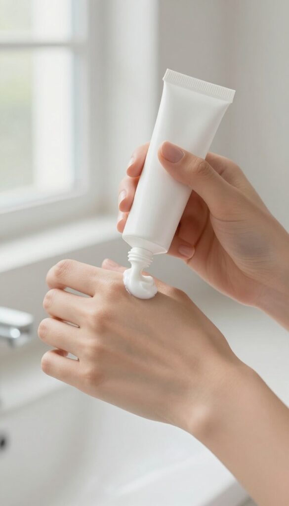 Woman applying rich hand cream to her hands in a bright bathroom