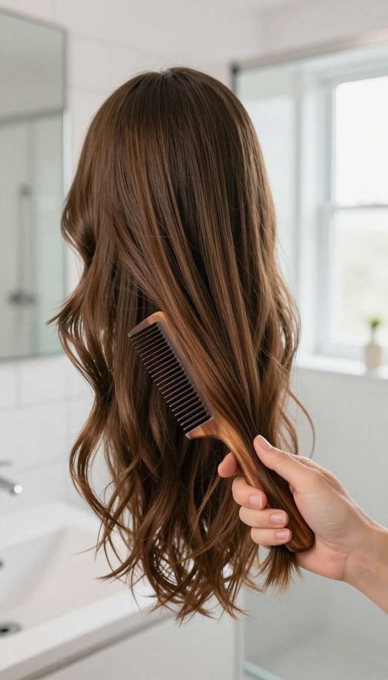 Woman brushing her hair with a wide-tooth comb before showering in a bright bathroom