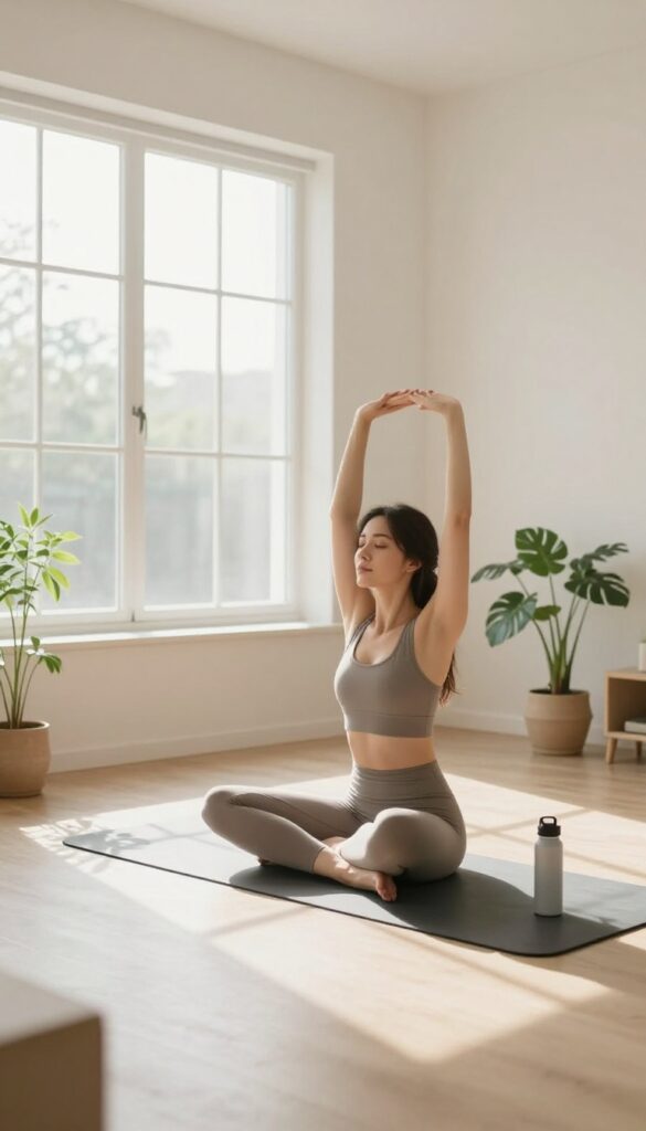 Woman doing a morning stretch on a yoga mat in a sunlit bedroom
