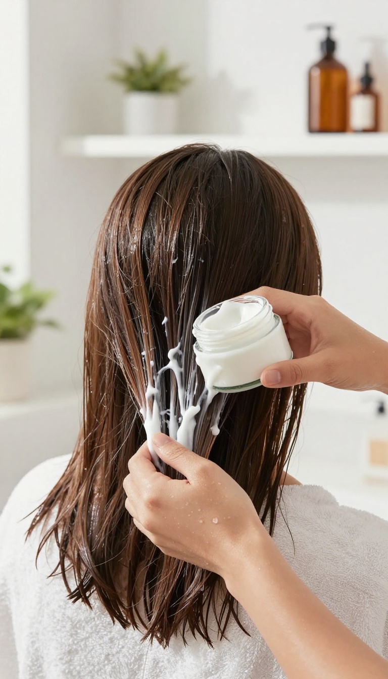 Hand applying a deep conditioning hair mask to wet hair in a bright bathroom with natural light.