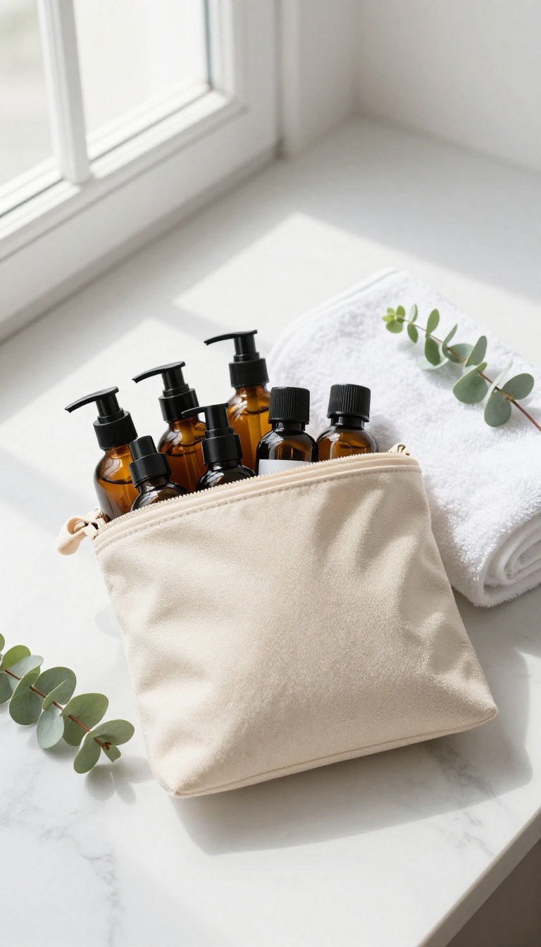 Travel-sized bath and body care set in a beige toiletry bag on a marble surface with eucalyptus sprigs.