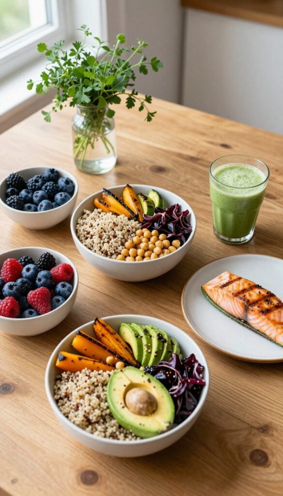 Colorful healthy meal bowl with fresh ingredients on a rustic table