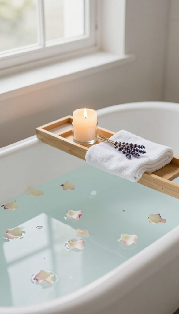 A milky bath in a white clawfoot tub with rose petals, a candle, and a towel, set in a bright, serene bathroom.