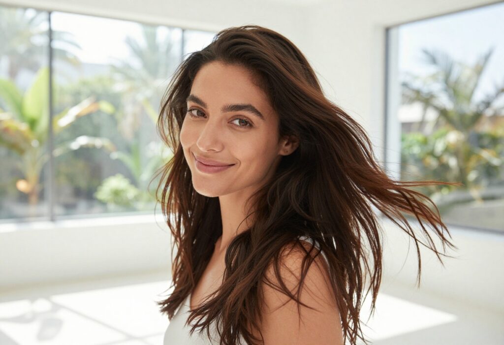 Woman with shiny, healthy hair in natural light