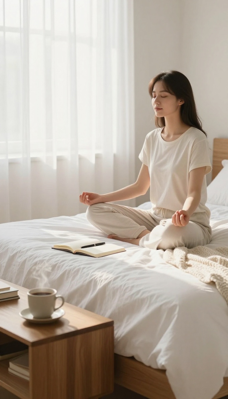 Woman meditating in a bright, cozy bedroom with coffee and journal on nightstand