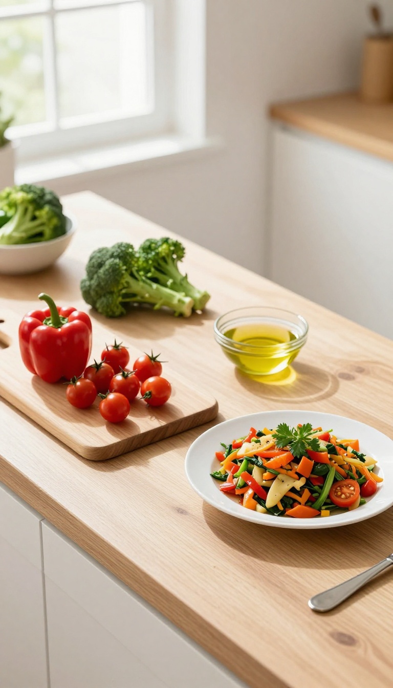 Fresh ingredients and a colorful healthy meal on a bright kitchen counter