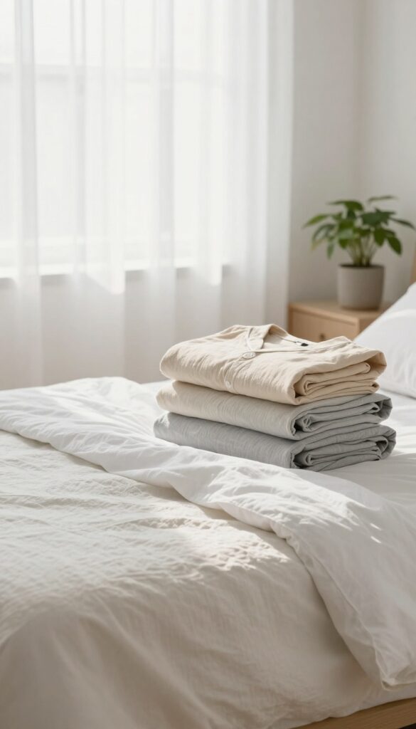 Breathable cotton and bamboo pajamas neatly folded on a bed in a bright, airy bedroom with natural light, symbolizing comfortable sleep and healthy skin.