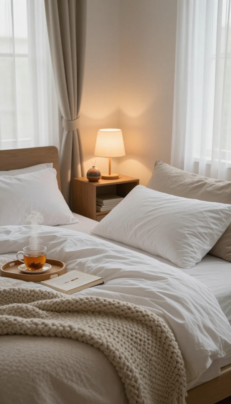 Cozy bedroom with plush bedding, soft lamp light, and a tray with tea, evoking a peaceful sleep sanctuary.