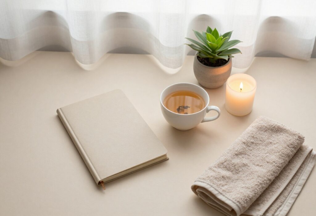 A peaceful self-care flat lay with journal, tea, plant, towel, and candle