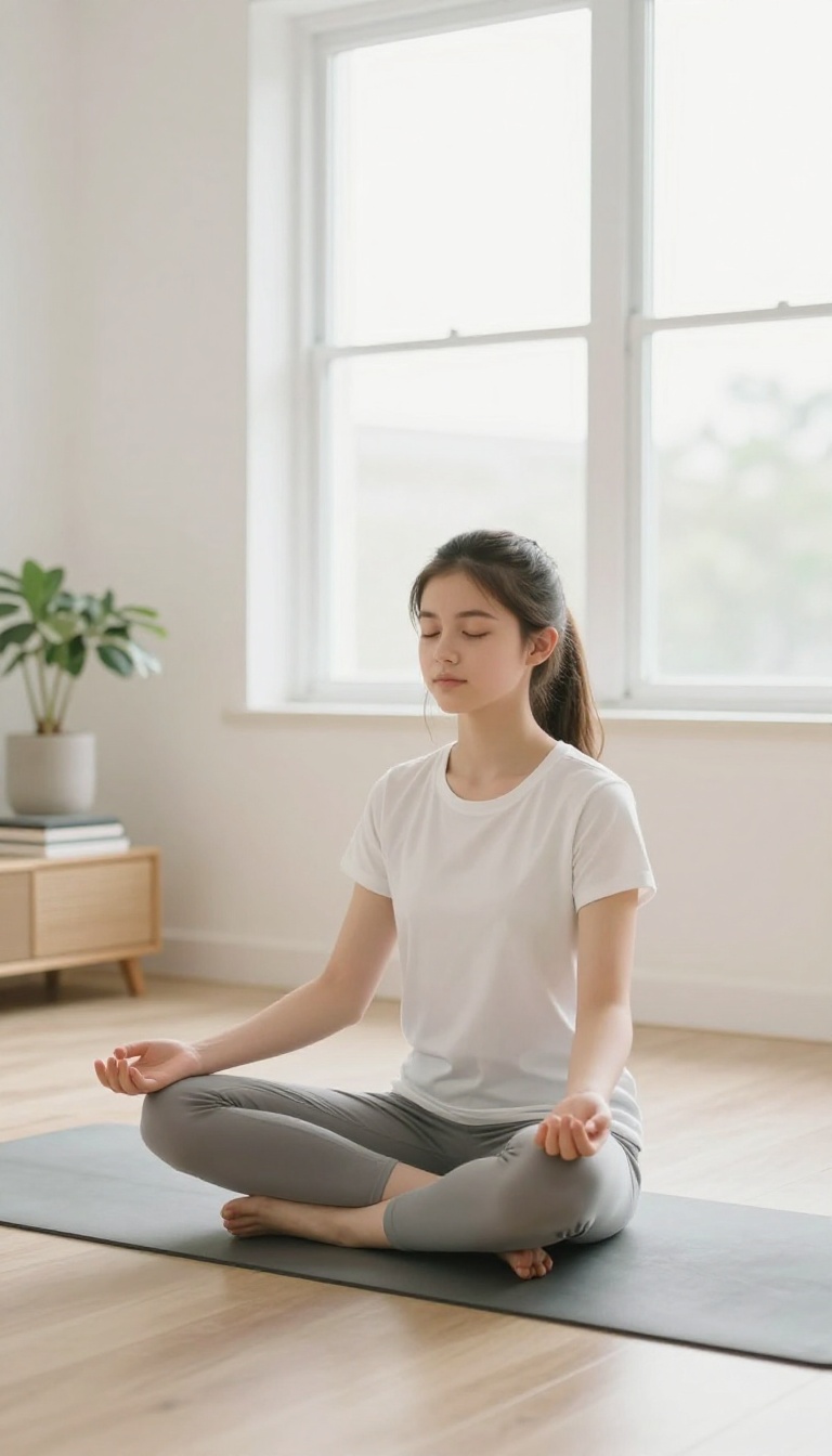 Teenage girl meditating on a yoga mat in a bright, peaceful room, practicing deep breathing for stress relief.