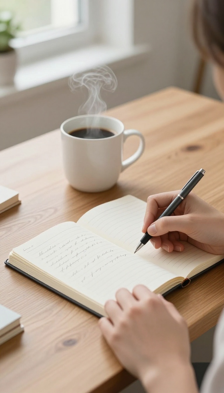 A person writing in a notebook during a morning brain dump ritual, with coffee nearby, in a bright, calm setting.