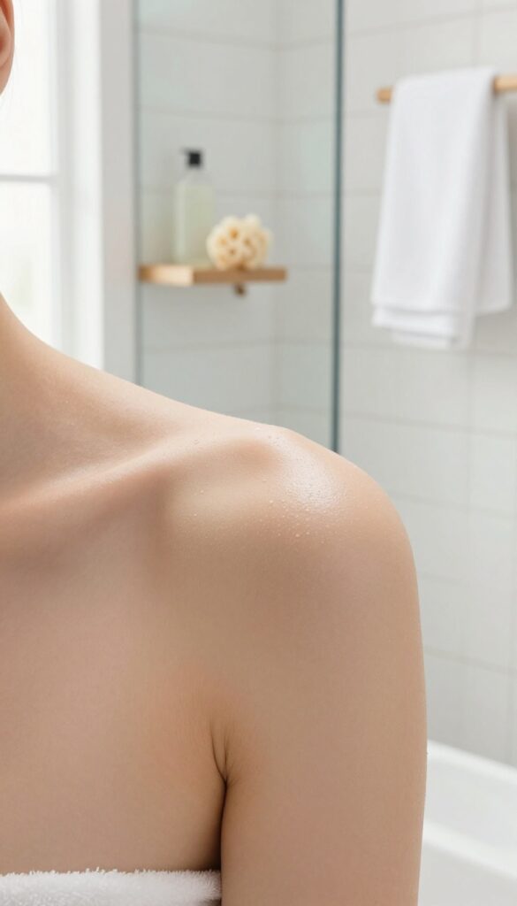 Woman's glowing shoulder and back with skincare products in a bright bathroom, symbolizing consistent body care routine.
