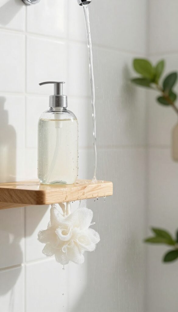 Gentle body wash bottle in a bright bathroom with natural light and greenery