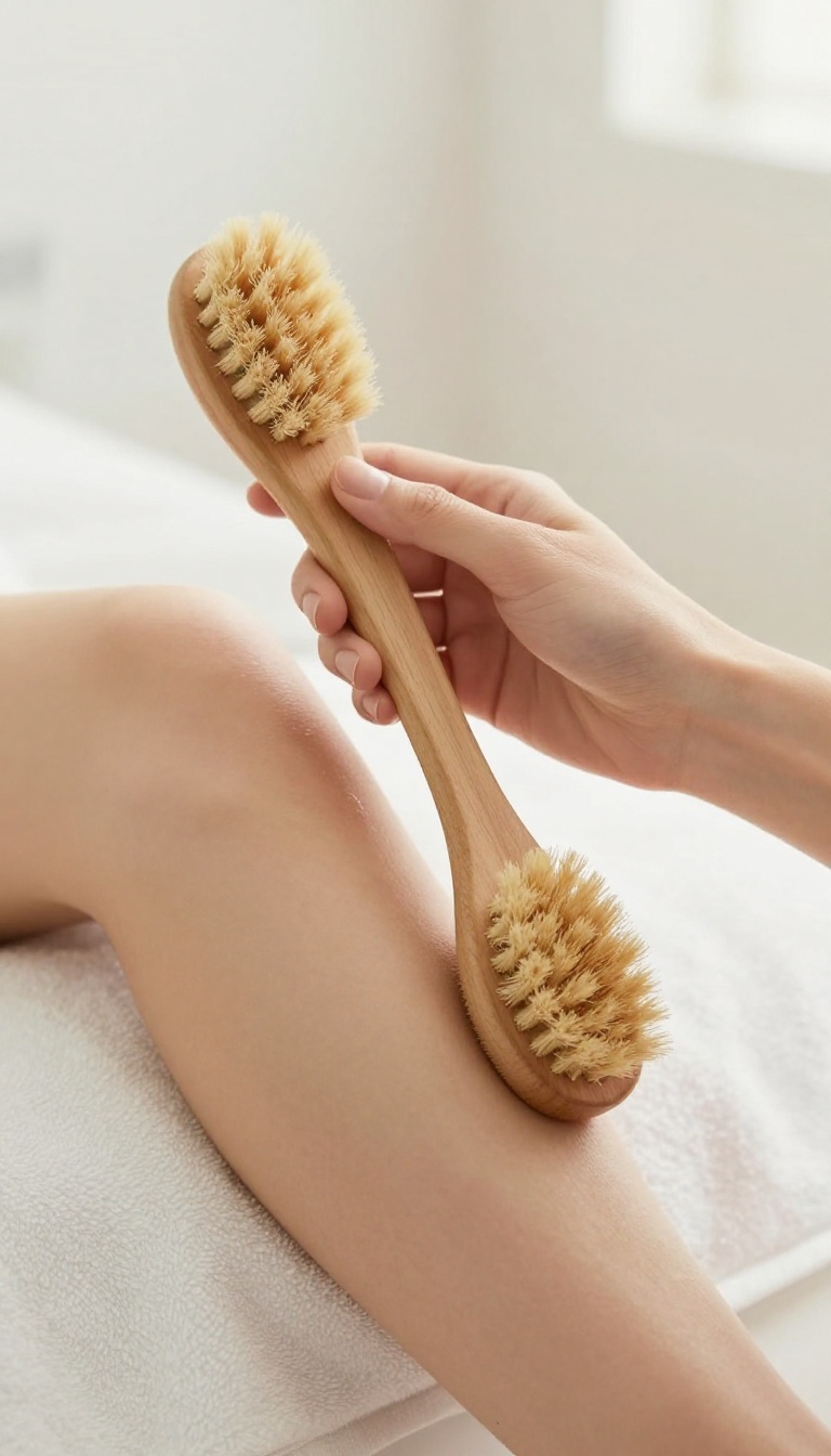 Woman dry brushing her arm with a natural-bristle brush in a bright bathroom.