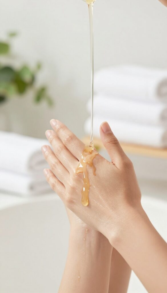 Woman applying body oil to her arm for a glowing, luminous skin effect