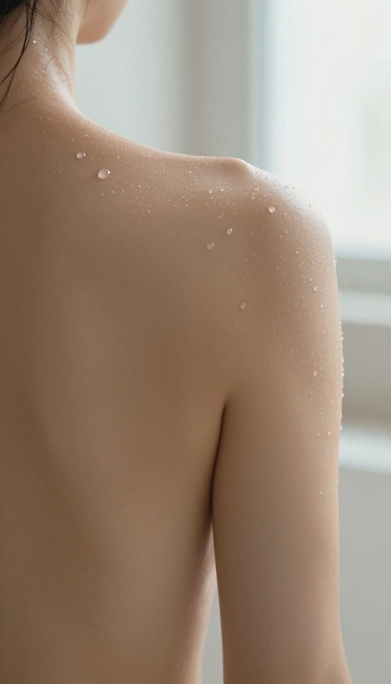 Woman's damp skin after shower showing water droplets, representing listening to your skin's needs