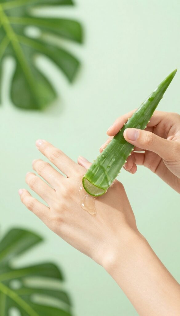 Woman applying aloe vera gel to sunburned arm with fresh aloe leaf nearby
